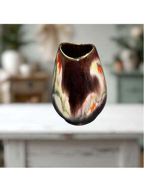 VGE West German (Jasba?) Ceramic Earth Tones Drip Glaze Gilded Edge Bud Vase